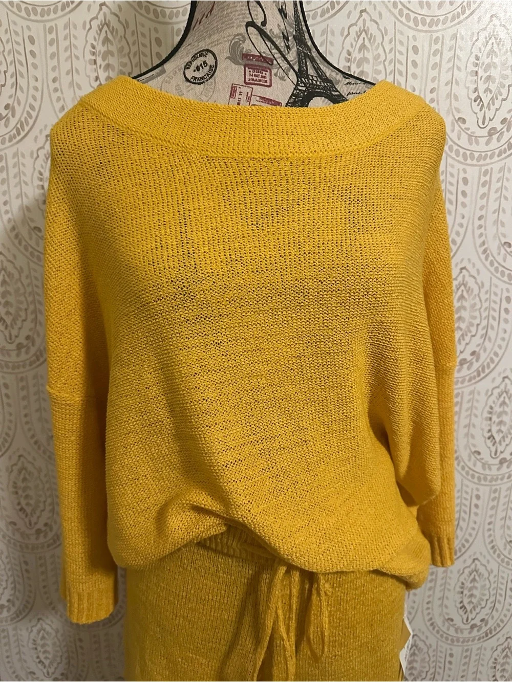 Amazon Women's Mustard Yellow Knit Sweater & High-Waist Drawstring Shorts Set